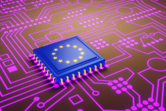 An advanced CPU printed with an European Union flag on a neon glowing electronic circuit board. 3D illustration of the concept of EU made high-end micro chips.